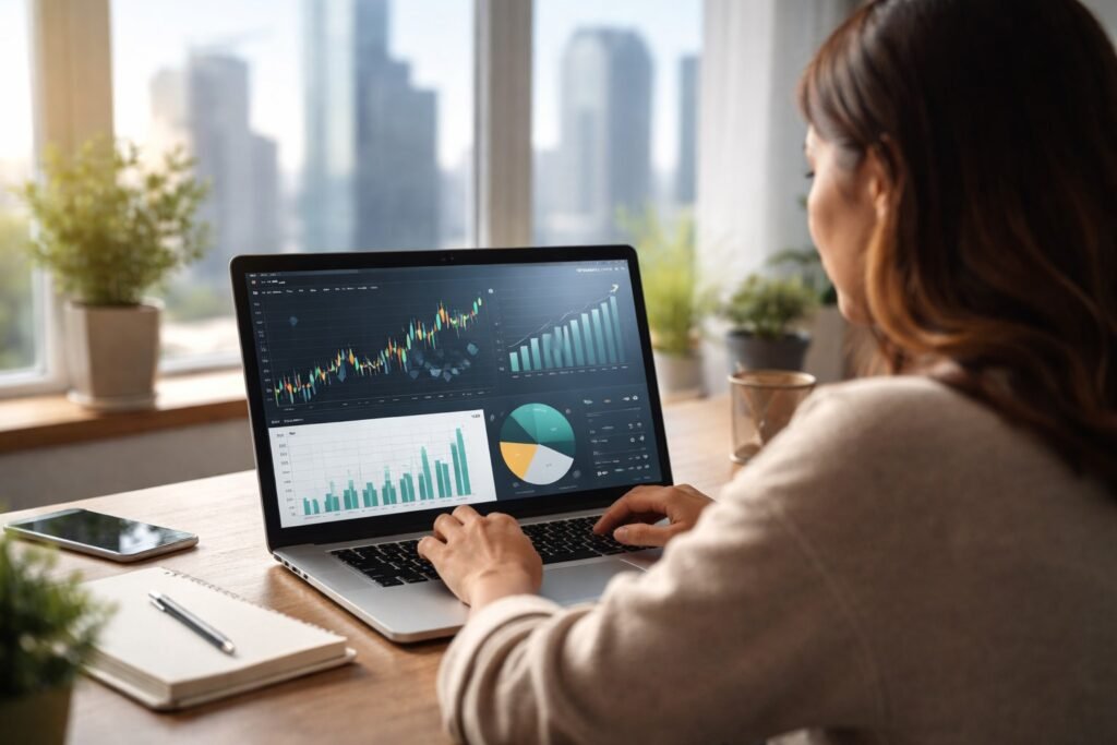 Imagem atual: Investidora analisando gráficos financeiros e dividendos de fundos imobiliários RECR11 no notebook com prédios corporativos desfocados ao fundo representando o mercado imobiliário.