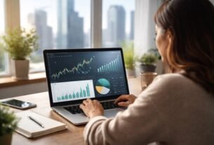 Investidora analisando gráficos financeiros e dividendos de fundos imobiliários no notebook com prédios corporativos desfocados ao fundo representando o mercado imobiliário.