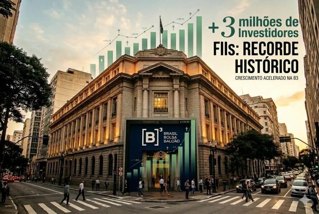 Fachada da B3 com gráficos de alta e texto sobre recorde de 3 milhões de investidores de FIIs.