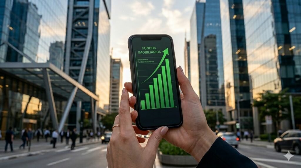 Mãos segurando smartphone com gráfico de crescimento financeiro e prédios modernos, representando o investimento em Fundos Imobiliários.