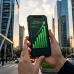 Close-up de mãos segurando smartphone com gráfico financeiro de barras verdes ascendentes e prédios comerciais modernos ao fundo.