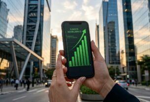 Close-up de mãos segurando smartphone com gráfico financeiro de barras verdes ascendentes e prédios comerciais modernos ao fundo.