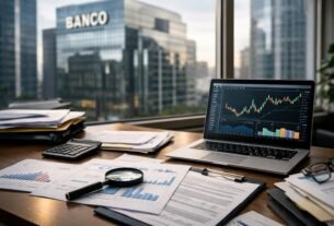 análise de documentos de renda fixa e gráficos financeiros em notebook com prédio bancário ao fundo representando investigação no mercado financeiro envolvendo itau itub4