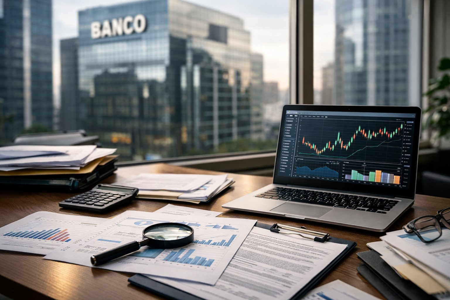 análise de documentos de renda fixa e gráficos financeiros em notebook com prédio bancário ao fundo representando investigação no mercado financeiro envolvendo itau itub4