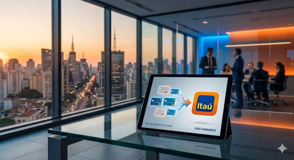 Tablet sobre uma mesa de vidro em um escritório moderno em São Paulo, exibindo um gráfico digital que ilustra a fusão de cartões de crédito Itaucard no logotipo principal do Itaú Unibanco. Ao fundo, uma sala de reuniões corporativa com vista para o skyline da cidade ao pôr do sol.