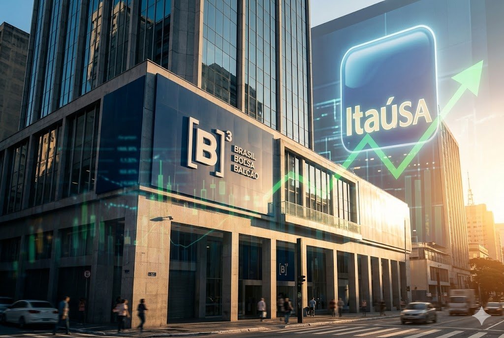 Fachada do edifício da B3 em São Paulo com sobreposição de gráficos de velas (candlesticks) indicando alta e o logotipo da Itaúsa (ITSA4) em transparência, estilo jornalístico.