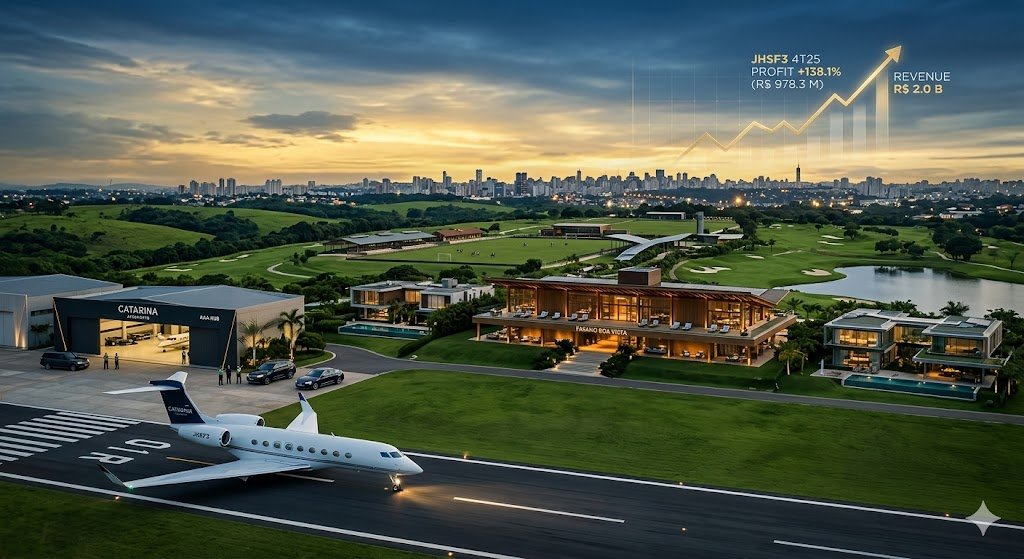 Infográfico cinematográfico da JHSF (JHSF3) mostrando o lucro recorde de R$ 978,3 milhões no 4T25, com destaque para o Aeroporto Catarina e Hotel Fasano Boa Vista.