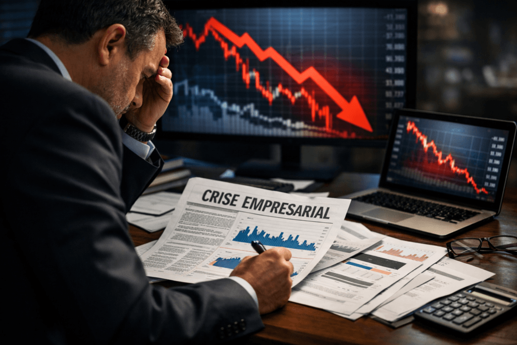 Lupatech Executivo analisando gráficos de ações em queda e relatórios financeiros sobre crise empresarial em mesa corporativa no mercado financeiro.