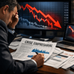 Executivo analisando gráficos de ações em queda e relatórios financeiros sobre crise empresarial em mesa corporativa no mercado financeiro.