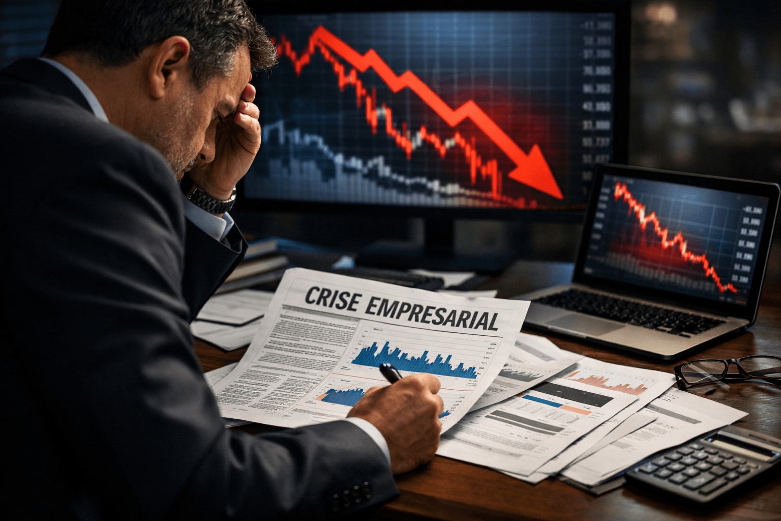 Executivo analisando gráficos de ações em queda e relatórios financeiros sobre crise empresarial em mesa corporativa no mercado financeiro.