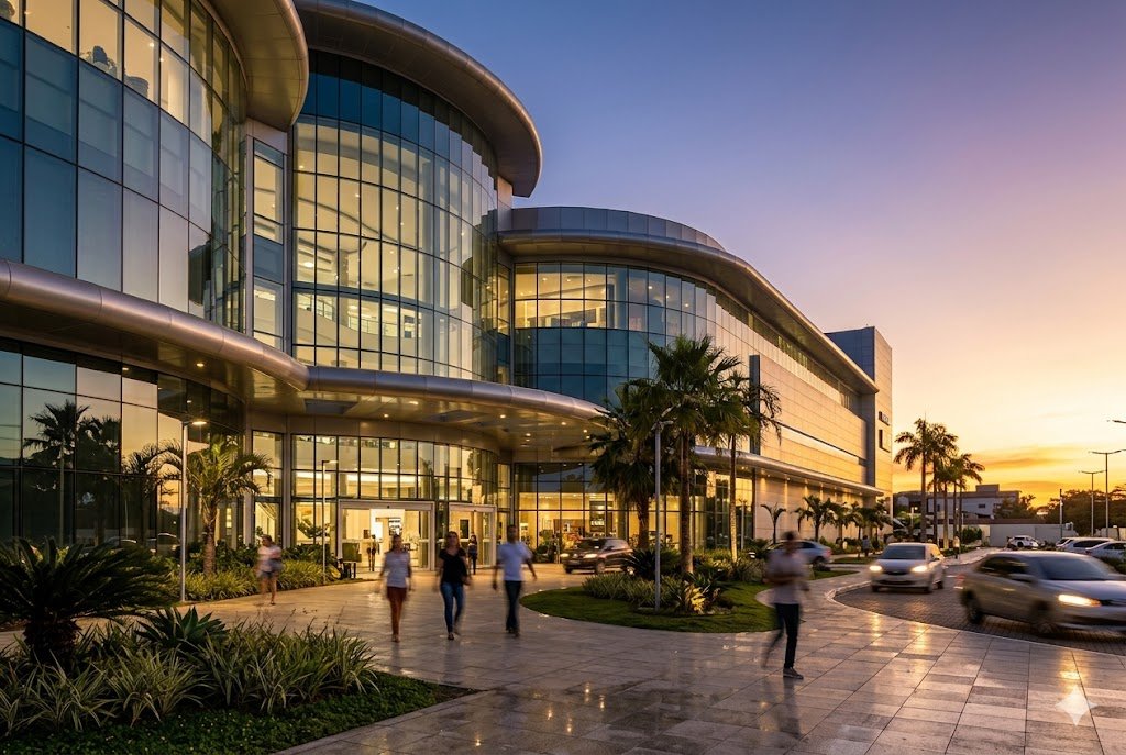 Fotografia de fachada moderna de um grande shopping center em estilo contemporâneo com vidros espelhados e palmeiras na praça ao entardecer, representando o tipo de ativo imobiliário de varejo de alto padrão investido pelo fundo MIDW11.
