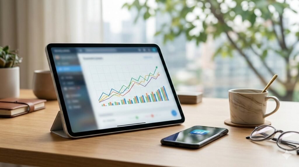 Imagem atual: Tablet exibindo gráficos de crescimento financeiro sobre uma mesa de escritório, representando as projeções do Boletim Focus do Banco Central.