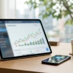 Tablet exibindo gráficos de crescimento financeiro sobre uma mesa de escritório, representando as projeções do Boletim Focus do Banco Central.