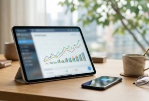 Tablet exibindo gráficos de crescimento financeiro sobre uma mesa de escritório, representando as projeções do Boletim Focus do Banco Central.