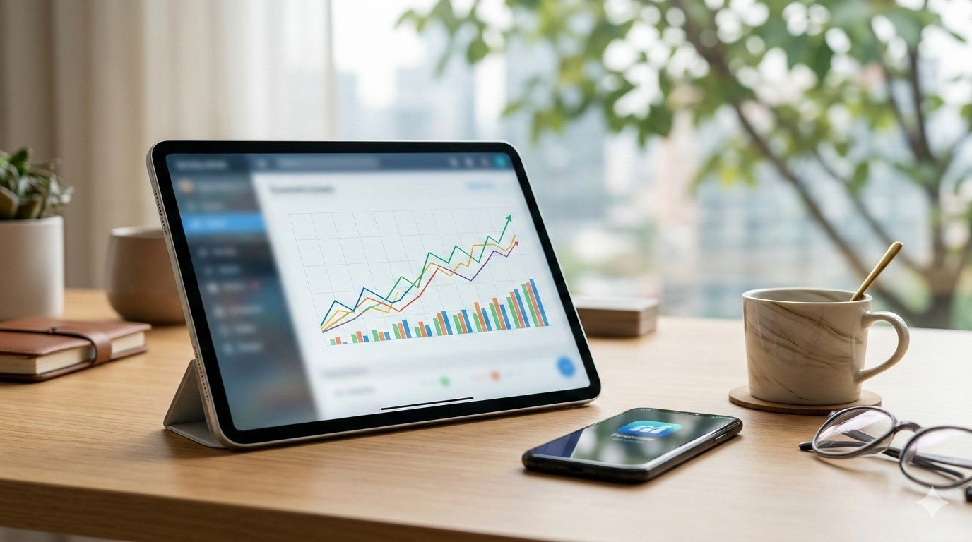 Tablet exibindo gráficos de crescimento financeiro sobre uma mesa de escritório, representando as projeções do Boletim Focus do Banco Central.