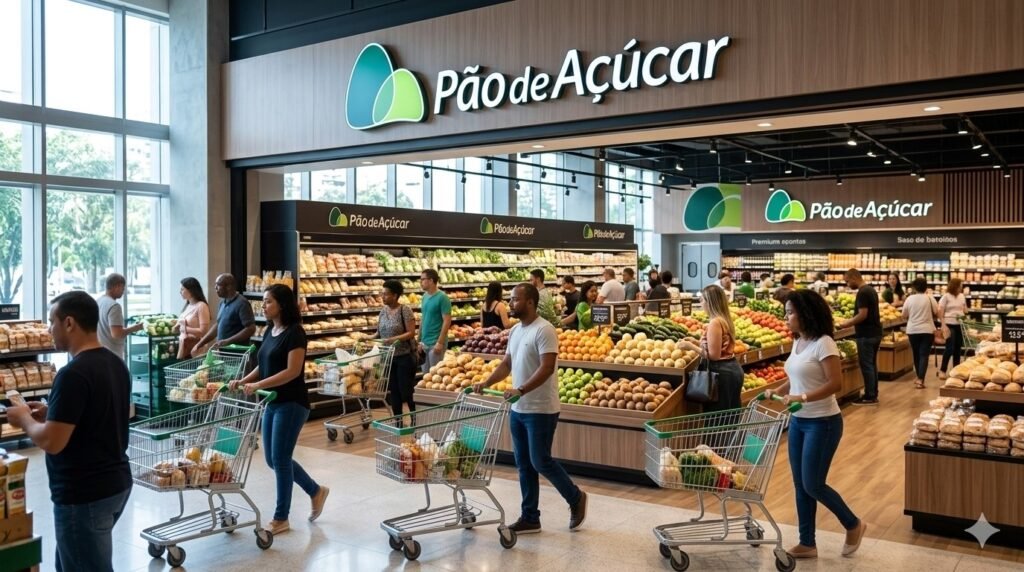 Interior moderno de um supermercado Pão de Açúcar no Brasil, mostrando clientes com carrinhos de compras em um corredor de produtos frescos sob o logotipo da marca