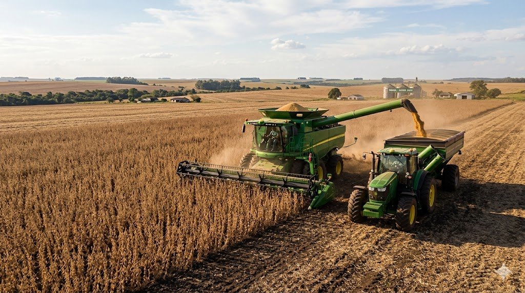 Fotografia aérea de uma colheitadeira verde e amarela operando em um vasto campo de feijão seco. Ao lado, um trator com graneleiro recebe o grão. O cenário mostra uma paisagem agrícola sob céu limpo, representando o aumento da oferta e a queda nos preços do feijão.