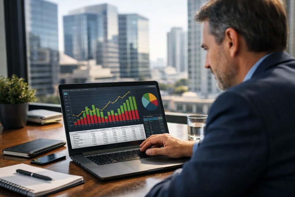 Imagem atual: Investidor analisando fundo imobiliário e dividendos mensais em notebook com gráficos do mercado imobiliário. 5️⃣ Descriç