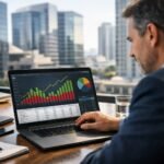 Investidor analisando fundo imobiliário e dividendos mensais em notebook com gráficos do mercado imobiliário. 5️⃣ Descriç