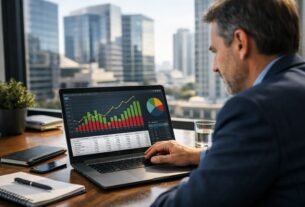 Investidor analisando fundo imobiliário e dividendos mensais em notebook com gráficos do mercado imobiliário. 5️⃣ Descriç