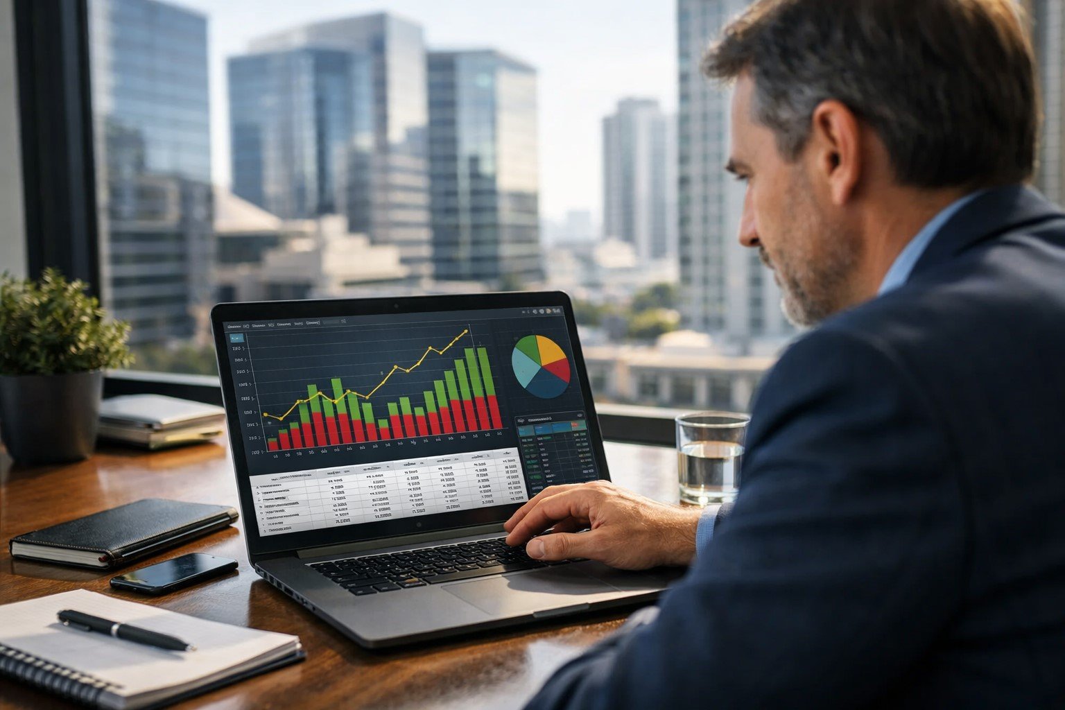 Investidor analisando fundo imobiliário e dividendos mensais em notebook com gráficos do mercado imobiliário. 5️⃣ Descriç
