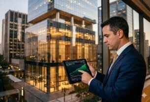 Cenário jornalístico profissional com gráficos de ações em alta em tela de tablet held por analista financeiro. Ao fundo, um moderno edifício comercial luxuoso no distrito financeiro de São Paulo ao anoitecer, refletindo luzes douradas e azuis. A imagem representa o desempenho robusto e o rendimento mensal dos dividendos do FII RBRX11.