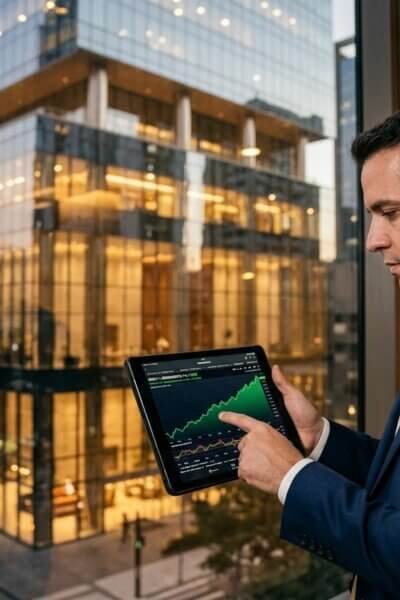 Cenário jornalístico profissional com gráficos de ações em alta em tela de tablet held por analista financeiro. Ao fundo, um moderno edifício comercial luxuoso no distrito financeiro de São Paulo ao anoitecer, refletindo luzes douradas e azuis. A imagem representa o desempenho robusto e o rendimento mensal dos dividendos do FII RBRX11.