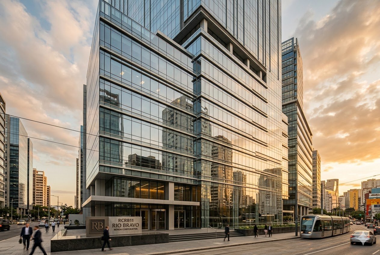 Ilustração profissional de um moderno edifício corporativo de vidro em São Paulo, representando o fundo imobiliário RCRB11 da Rio Bravo, gerada por inteligência artificial para fins ilustrativos.