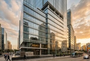 Ilustração jornalística estilo foto, mostrando a fachada moderna do edifício WT Morumbi . Gerado (IA) representação do fundo imobiliário JSRE11.