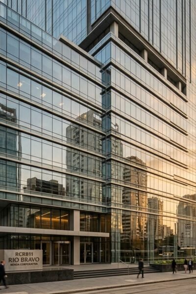 Ilustração jornalística estilo foto, mostrando a fachada moderna do edifício WT Morumbi . Gerado (IA) representação do fundo imobiliário JSRE11.