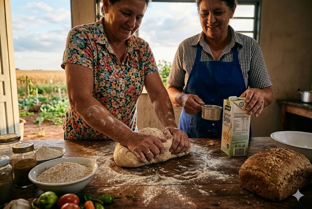 Do Campo à Mesa Projeto Transforma Soja em Nutrição para Famílias de Mato Grosso 1 Mãos de mulheres amassando massa de pão com bebida de soja em mesa de madeira em cozinha comunitária com luz natural de janela.
