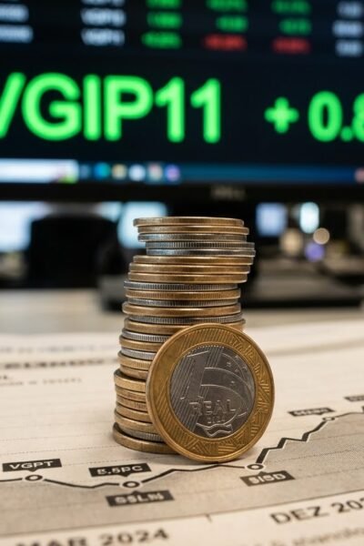 Fotografia macro de moedas de Real sobre gráfico financeiro ascendente com monitor ao fundo exibindo o ticker VGIP11 em verde, simbolizando alta nos dividendos.