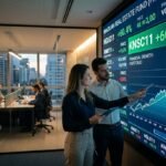 KNSC11: Resultado Salta 60,4% em Fevereiro e Distribui R$ 16,2 Milhões em Dividendos 4 Fotografia profissional de escritório de investimentos com painel digital exibindo o ticker KNSC11, gráficos financeiros de alta e dados de dividendos, com analistas em ambiente moderno.