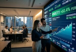 Fotografia profissional de escritório de investimentos com painel digital exibindo o ticker KNSC11, gráficos financeiros de alta e dados de dividendos, com analistas em ambiente moderno.