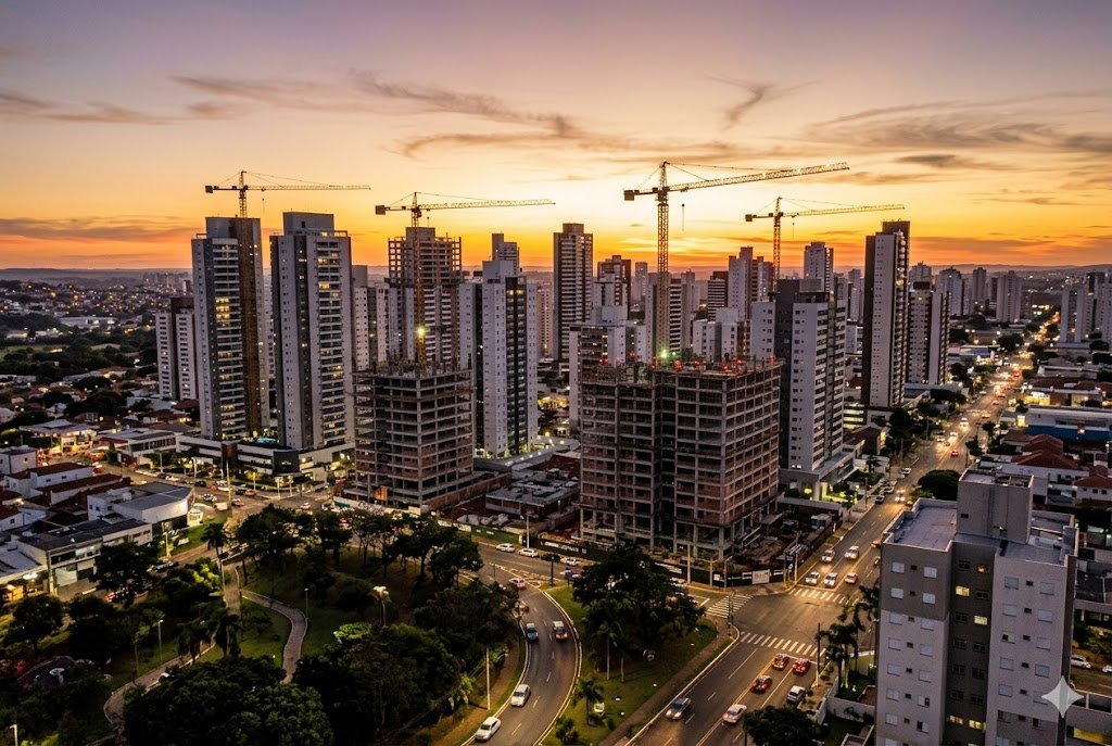 Ribeirão Preto assume a liderança nacional em lançamentos imobiliários em 2025: Entenda o fenômeno 1 Foto do skyline de Ribeirão Preto ao pôr do sol, mostrando prédios em construção com guindastes e o desenvolvimento urbano.