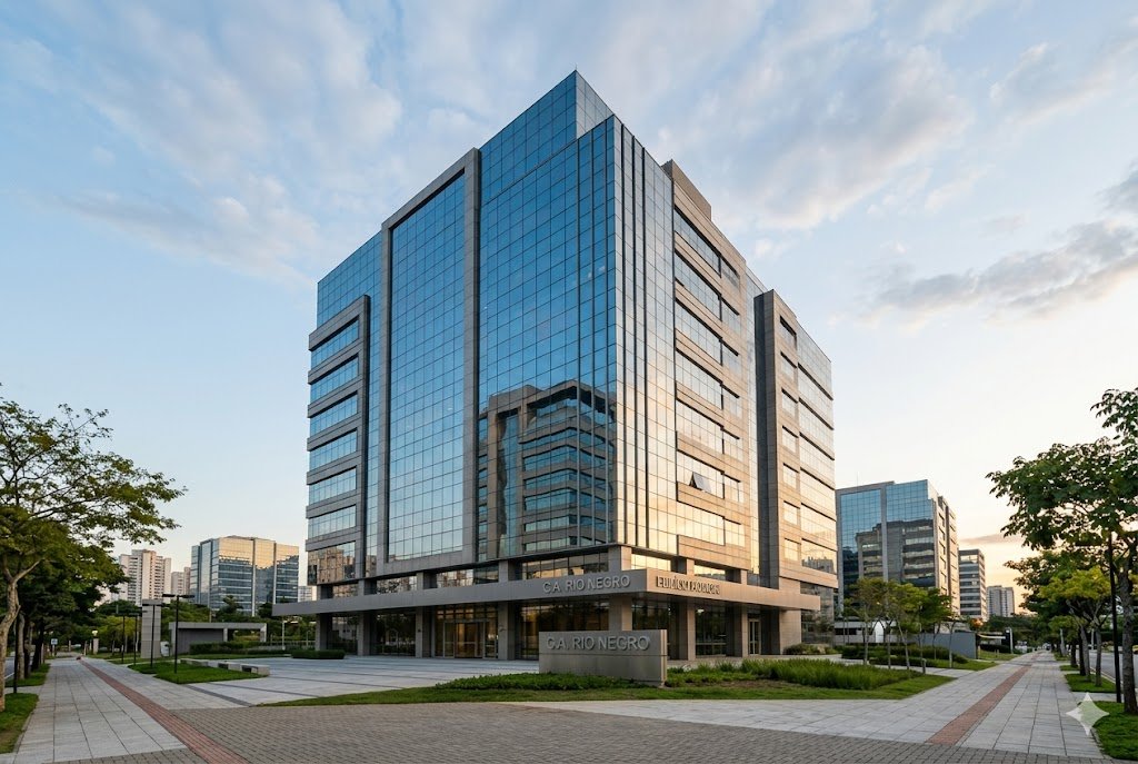 Representação arquitetônica do complexo corporativo Rio Negro em Alphaville, ilustrando o Fundo Imobiliário RNGO11 e o mercado de lajes corporativas em 2026.