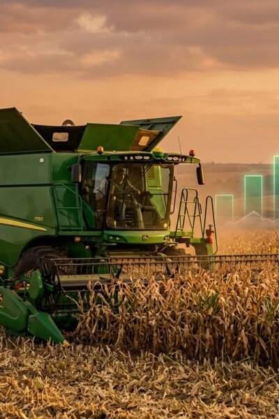 Colheitadeira de milho e gráficos de alta do Fiagro RURA11