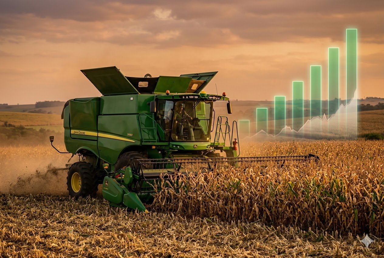 Colheitadeira de milho e gráficos de alta do Fiagro RURA11