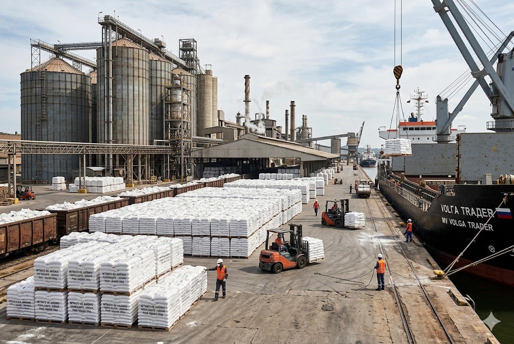 Fotografia de estilo jornalístico mostrando sacos de nitrato de amônio empilhados em um porto industrial, com silos de fertilizantes ao fundo e um navio cargueiro russo sendo carregado sob luz solar clara.