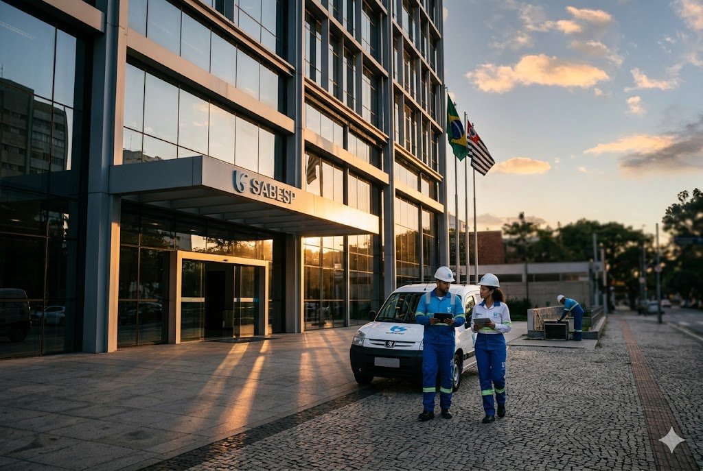 Fachada da sede da Sabesp em São Paulo com técnicos de uniforme azul e branco em primeiro plano durante o pôr do sol.