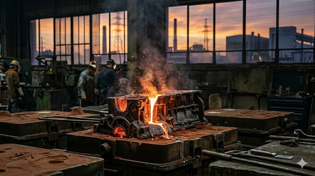 Fotografia industrial de alta qualidade do interior de uma fundição da Tupy, mostrando metal fundido incandescente sendo vertido em um molde de areia para um bloco de motor, com faíscas sutis e fumaça, contra grandes janelas que revelam um complexo industrial ao pôr do sol.