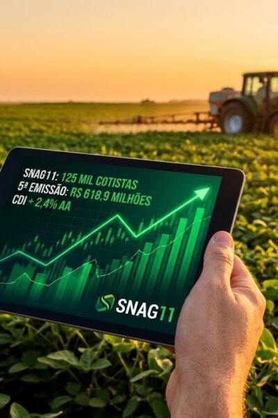 Homem segurando um tablet em uma plantação de soja ao pôr do sol, exibindo gráficos de crescimento do Fiagro SNAG11 com dados sobre 125 mil cotistas e 5ª emissão.