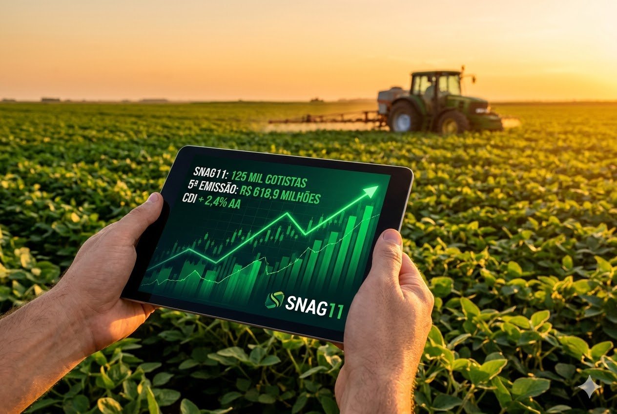 Homem segurando um tablet em uma plantação de soja ao pôr do sol, exibindo gráficos de crescimento do Fiagro SNAG11 com dados sobre 125 mil cotistas e 5ª emissão.