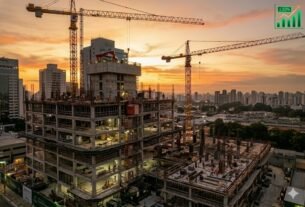 Fotografia jornalística de um prédio moderno em construção com dois guindastes sob um céu de pôr do sol laranja. No lado direito, um gráfico de barras verdes ascendentes está sobreposto, indicando dados financeiros como lucro de R$ 14,5 milhões fundo TGAR11.