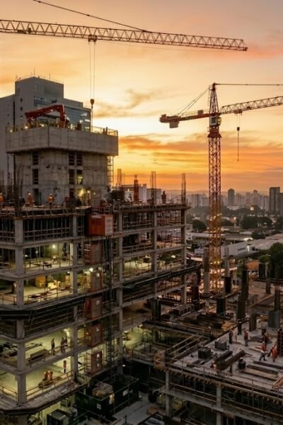 Fotografia jornalística de um prédio moderno em construção com dois guindastes sob um céu de pôr do sol laranja. No lado direito, um gráfico de barras verdes ascendentes está sobreposto, indicando dados financeiros como lucro de R$ 14,5 milhões fundo TGAR11.