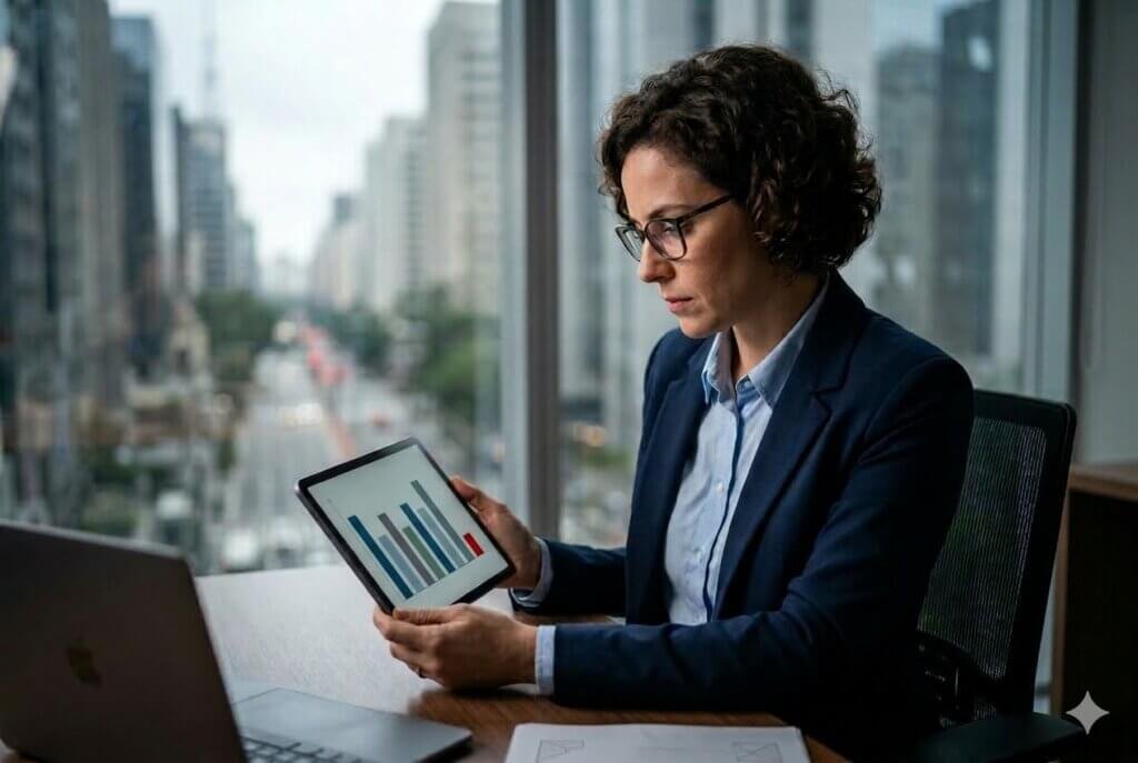 Representação TJKB11, Analista financeira em escritório de São Paulo olha para tablet exibindo um gráfico de barras com uma queda pontual em vermelho, simbolizando redução de dividendos.