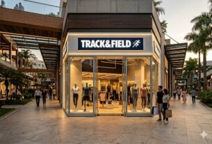 Fachada iluminada de loja da Track&Field em shopping de luxo ao entardecer. Imagem destaca a marca TFCO4 e o pagamento de Juros Sobre Capital Próprio.