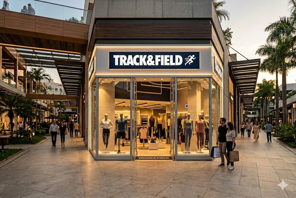 Fachada iluminada de loja da Track&Field em shopping de luxo ao entardecer. Imagem destaca a marca TFCO4 e o pagamento de Juros Sobre Capital Próprio.