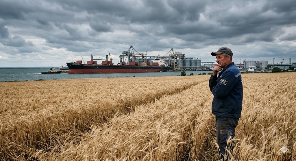Fotografia jornalística de um campo de trigo dourado sob céu nublado. Em primeiro plano, à direita, um homem com roupas de trabalho e boné olha pensativo para o horizonte. Ao fundo, um grande navio cargueiro está atracado em uma estrutura portuária industrial na linha da água.