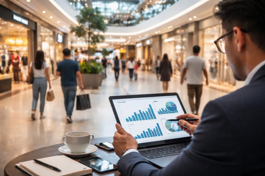 investidor analisando VISC11 e fundos imobiliários ligados a shopping centers no Brasil